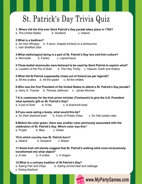 St Patrick's Day Trivia Free Printable