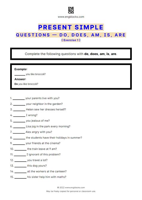 Present Simple Questions With Do Does Am Is Are Exercise 1