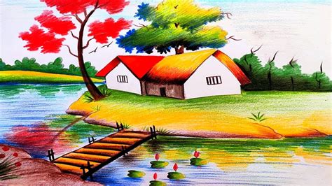 How To Draw A Natural Scenery Of A Village Near Canal Youtube