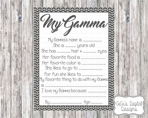 Printable My Gamma Survey All About My Gamma Gamma Survey Etsy