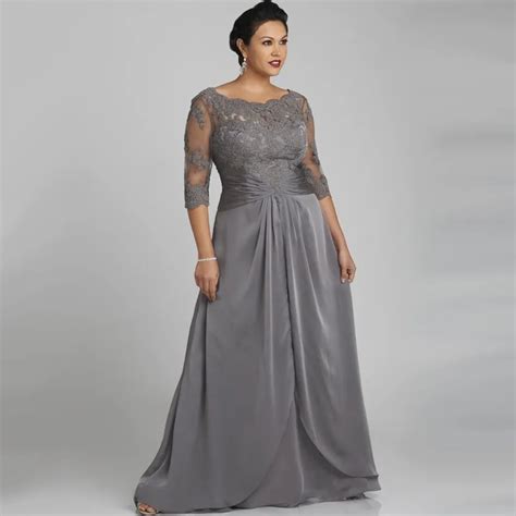 2017 popular style plus size gray mother of the bride dress 3 4 sleeve scoop neck lace chiffon