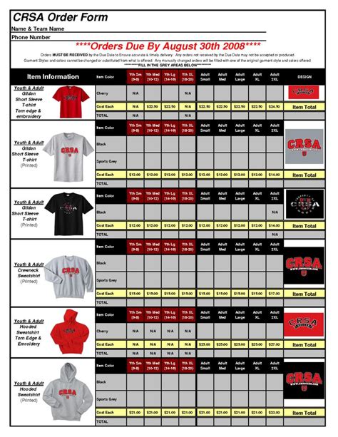 T Shirt Order Form Template Excel Free Samples