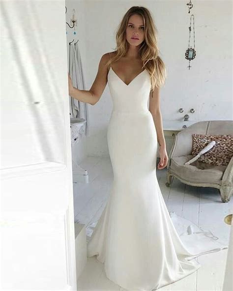 Simple Mermaid Wedding Dress Spaghetti Straps White Bridal Dress