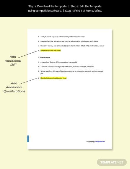 Free Automotive Mechanic Job Description Template in 2020 | Job