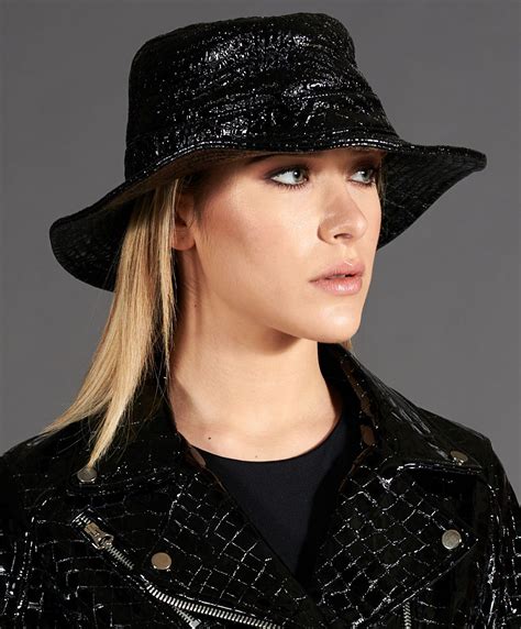 Womens Leather Hat Cap Beret Bucket Black Laminated Leather Riviera