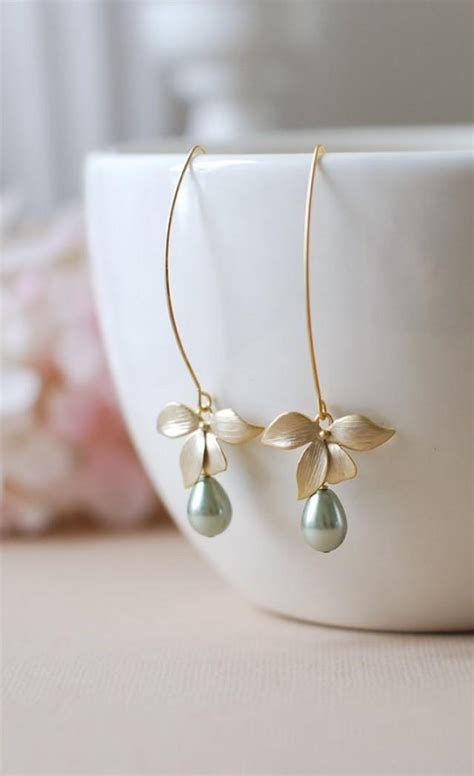 Gold Flower Olivine Sage Green Pearls Earrings Sage Green Teardrop