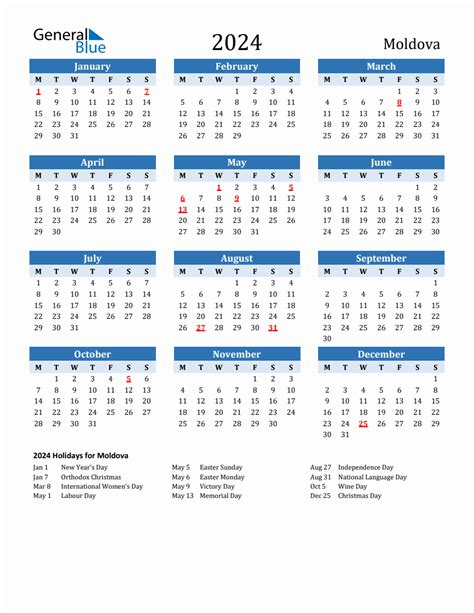 2024 Printable Calendar With Moldova Holidays