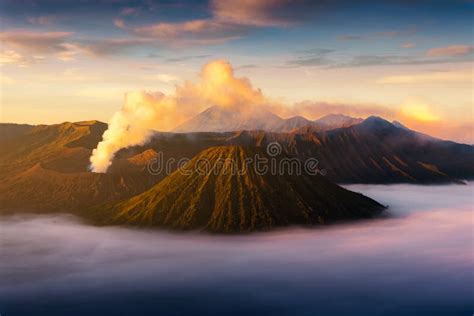 Mount Bromo Volcano Gunung Bromo During Sunrise From Viewpoint Stock