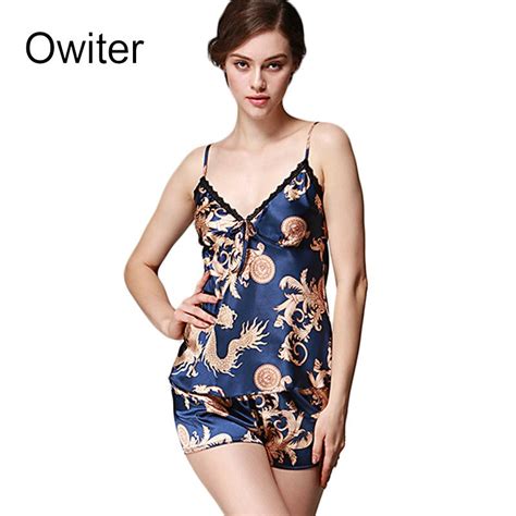 Owiter 2017 Sexy Silk Satin Print Pajamas Set Lace V Neck Sleeveless