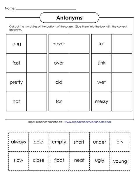 Antonyms Worksheets For Kindergarten Printable Worksheet Template
