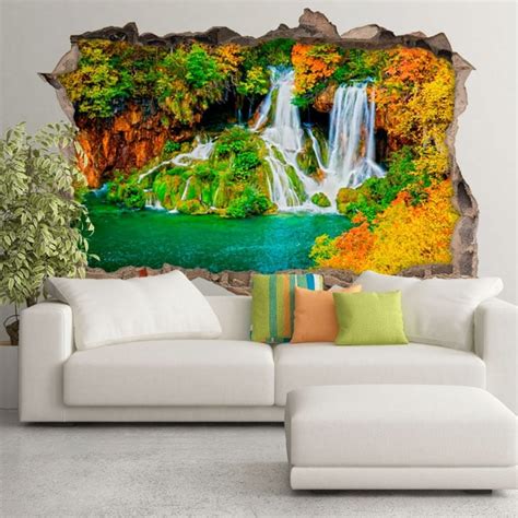 🥇 Wall Murals Waterfall Forest In Autumn 3d