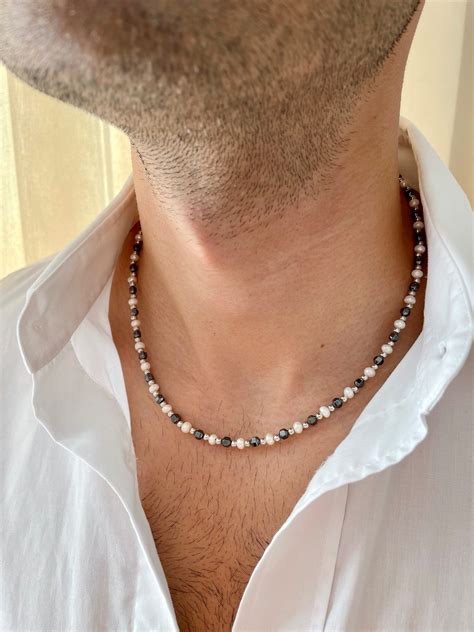 Mens Pearl Necklace With Hematite Pearl Necklace Men Couples Etsy