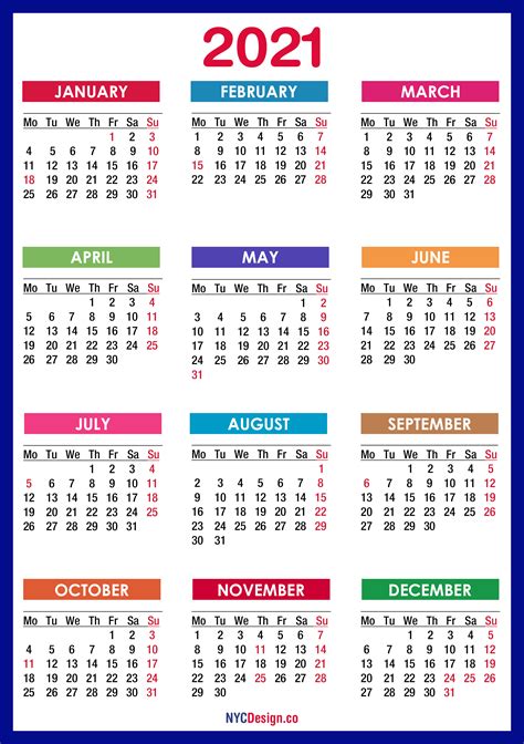 2021 Calendar With Holidays Printable Free Pdf Colorful Blue Green