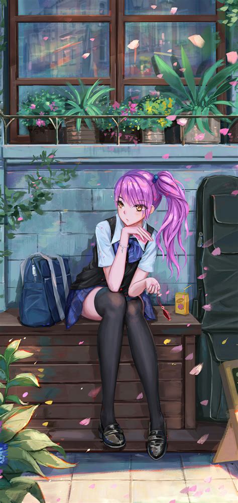 1080x2280 Cute Anime School Girl Pink Hairs Sitting On Bench 8k One