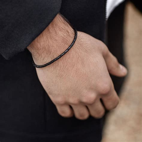 Braided Narrow Mens Black Leather Bracelet