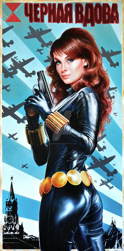 Black Widow Vintage Soviet Poster Portrait Black Widow Marvel Black