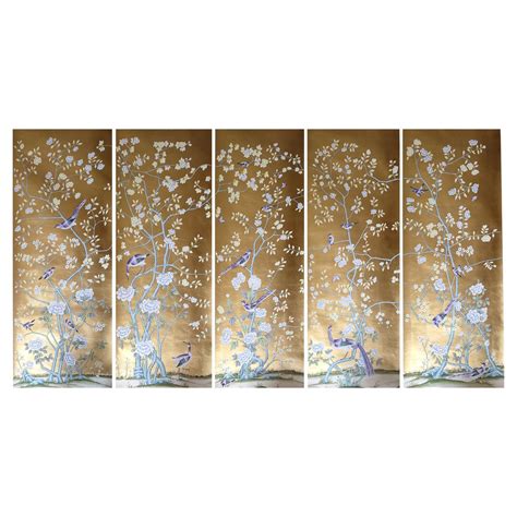 Chinoiserie Panel Hand Painted Wallpaper On Gold Metallic Accept