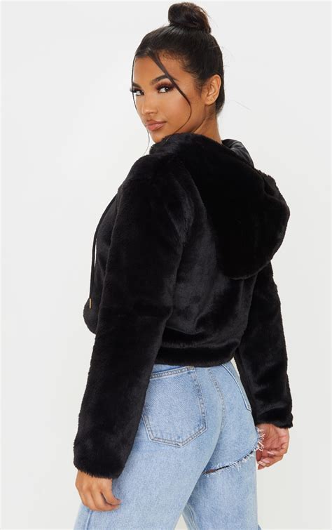 black cropped faux fur jacket with hood prettylittlething il