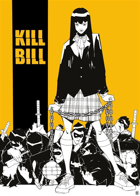 A Woman Standing In Front Of A Group Of People With Swords On Her Head And The Words Kill Bill