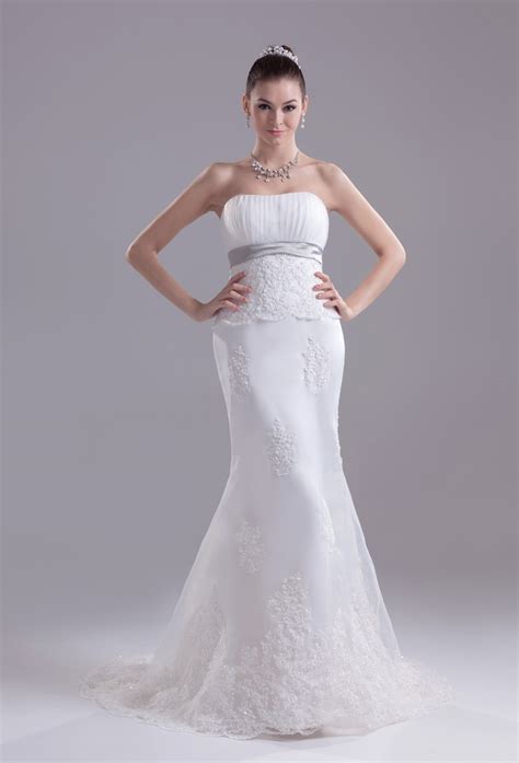 Elegant Mermaid Strapless Beaded White Lace Silver Belt Wedding Dress