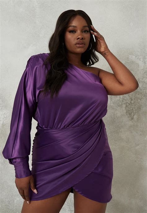 Plus Size Purple Satin One Shoulder Ruched Mini Dress | Missguided