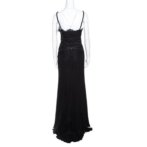 Emanuel Ungaro Black Silk Lace Crystal Embellished Detail Evening Gown