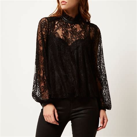 River Island Black Lace High Neck Blouse Lyst