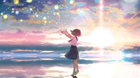 Desktop Wallpaper Outdoor Colorful Sky Sunset Original Anime Girl Hd Image Picture