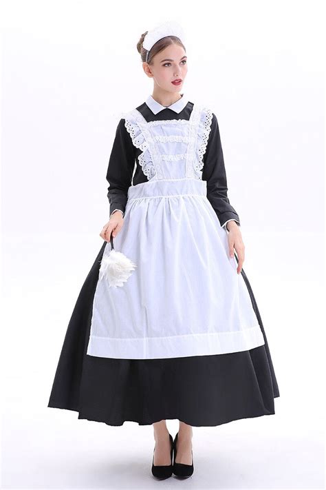 French Maid Costume Adult Women Black White Long Gown Arpon Dress