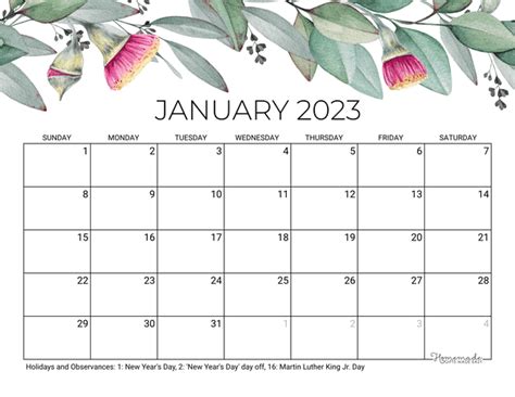 January 2023 Calendar Free Printable With Holidays