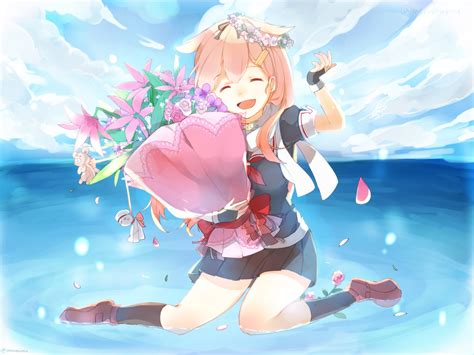 Blonde Hair Clouds Flowers Gloves Kantai Collection Long Hair Ribbons