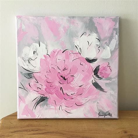 Original Acrylic Floral Painting On Canvas Pink Gray Black White