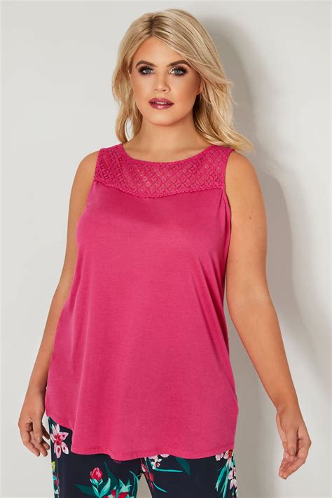 Pink Sleeveless Top With Lace Yoke Plus Size 16 To 36