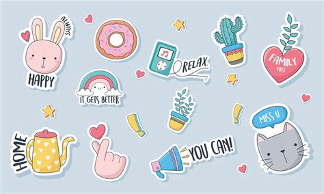 Assorted Cute Stickers Cards Or Patches Vector Art At Vecteezy