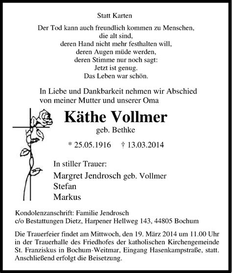 Traueranzeigen von Käthe Vollmer Trauer in NRW de