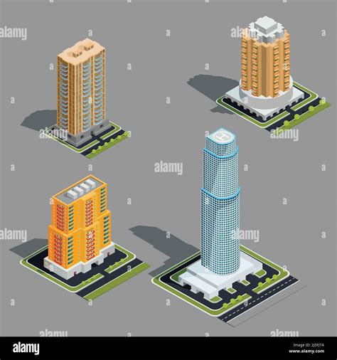 Vector Isometric 3d Illustrations Icons Of Buildings Skyscrapers Tower