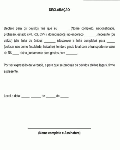 Modelo De Declaração De Uso De Linha De ônibus E Gastos Com Locomoção