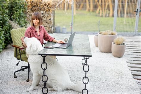 Woman Cares Her Dog While Working At Outdoor Office In Cozy Garden