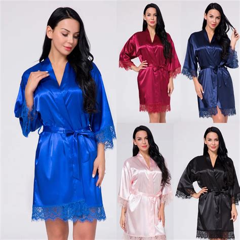 Multi Colors Robe Sexy Satin Bathrobe For Women Large S Xxxl Sizes Robes With Lace Decor Half