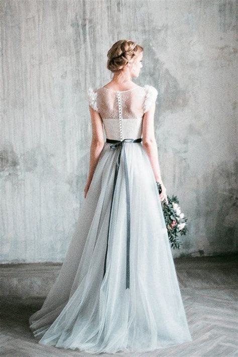 Light Gray Wedding Dress With Chiffon Flowers Sleeves Pastel Wedding