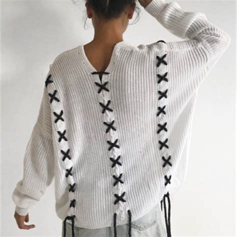 lace up criss cross knitwear women 2018 autumn new v neck solid oversized knitted pullovers