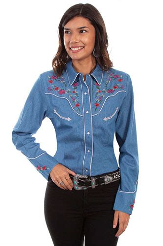 Scully Floral Embroidered Western Shirt Denim Ladies Retro Western Shirts Spur Western Wear