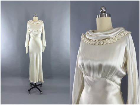 vintage 1930s wedding dress 30s bias cut dress 1930 art deco ivory silk satin gown size