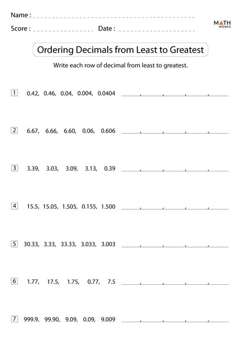 Comparing Decimals 5th Grade Worksheets