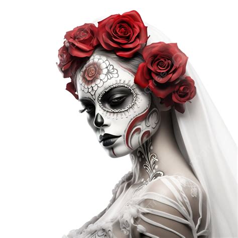 Halloween Makeup Beautiful Sugar Skull Girl With Rose In Hand Santa Muerte Concept 3d