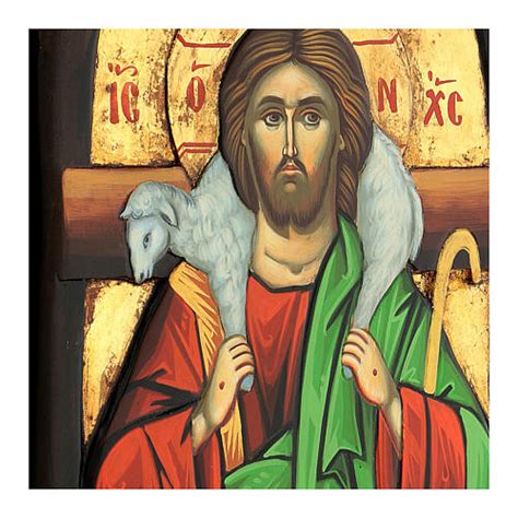 Hand Painted Greek Icon Christ The Good Shepherd Bas Relief 40x30 Cm