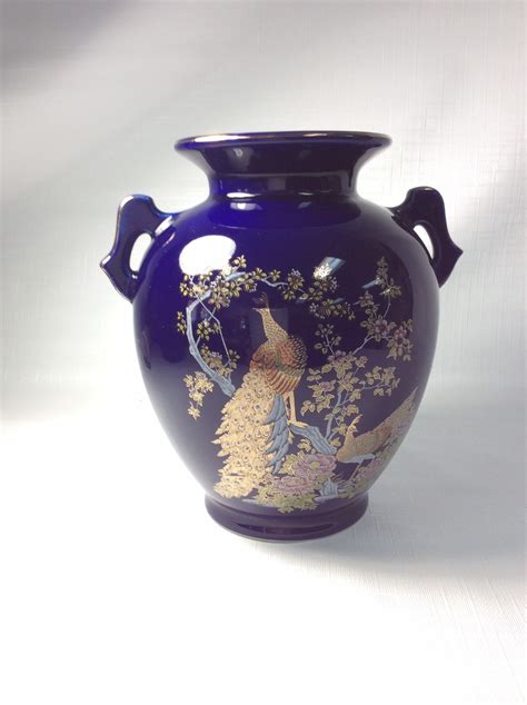 Porcelain Vase Cobalt Blue With Peacocks And Flowers Gold Trim Two