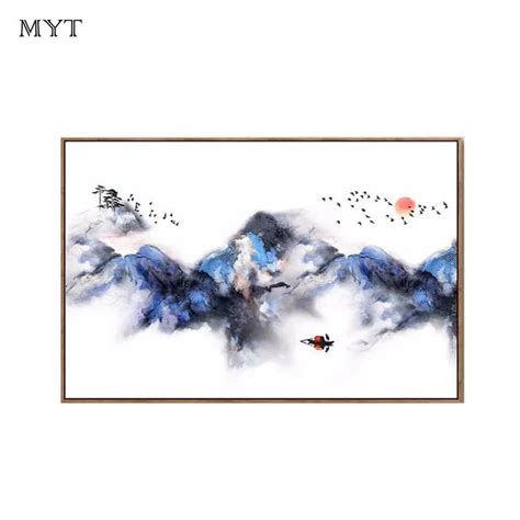 Hand Painted Abstract Chinese Mountains And Waters Painting On Canvas