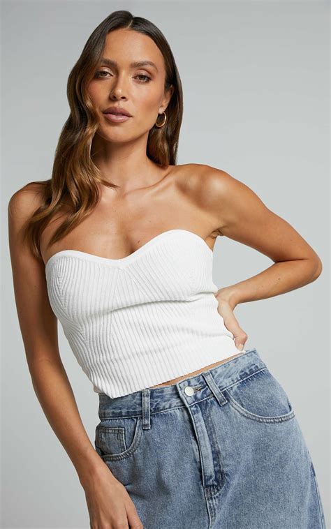 Emilia Sweetheart Ribbed Knit Strapless Top In White Showpo