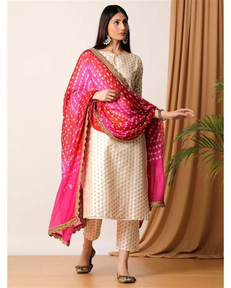 Cream Brocade Kurta And Pants With Bandhani Dupatta Set Of Three By